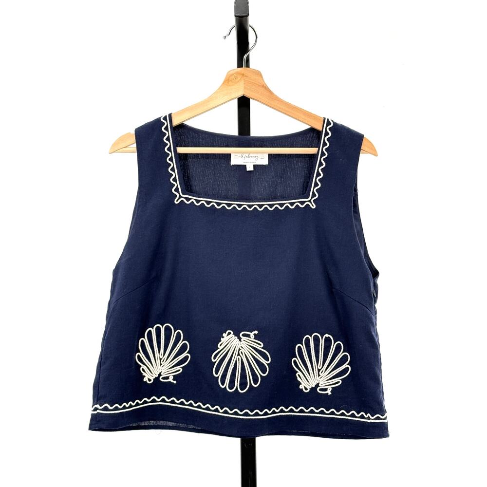 La February Blue Linen Blend Seashell Tank L Nautical Preppy Coastal Summer